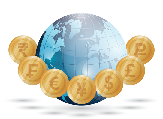 Globe with symbols for global currencies around it