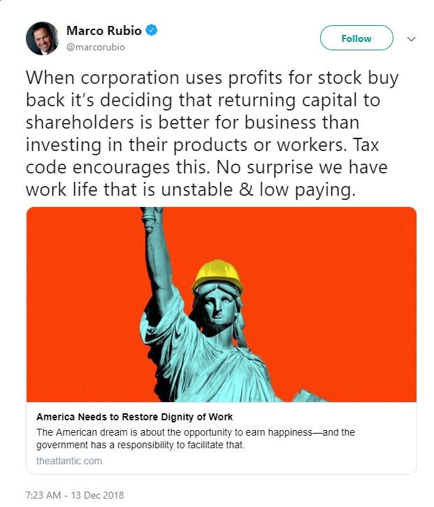 Tweet from Marco Rubio about corporate buybacks